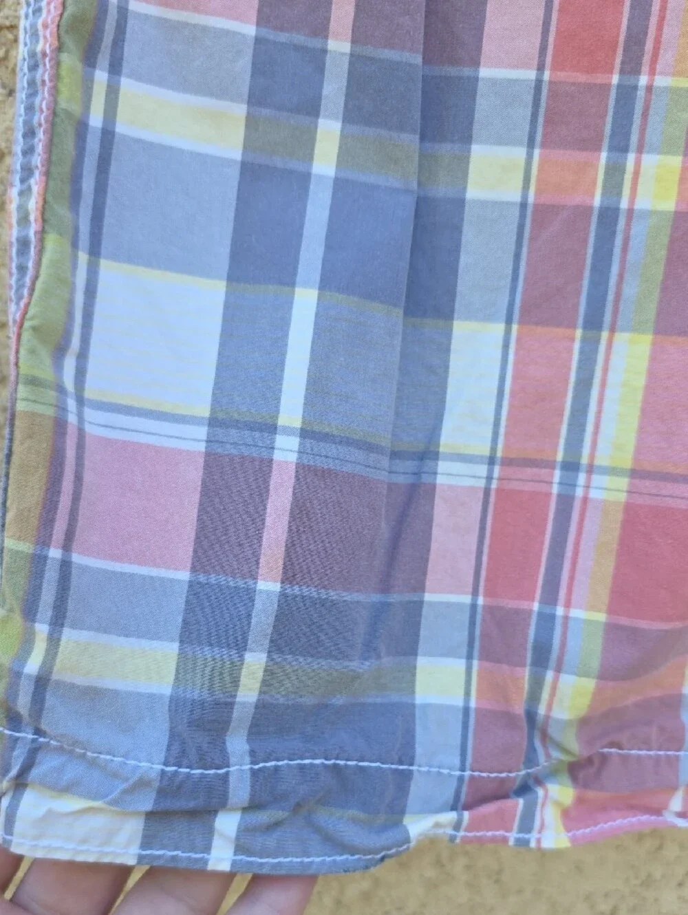 Plaid Drawstring Swim Trunks in Coral, Blue & Yellow